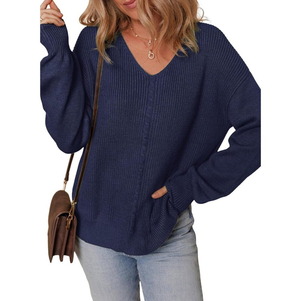 Everyday Luxury: Women's Blue Chunky Knit V-Neck Sweater - Machine Washable